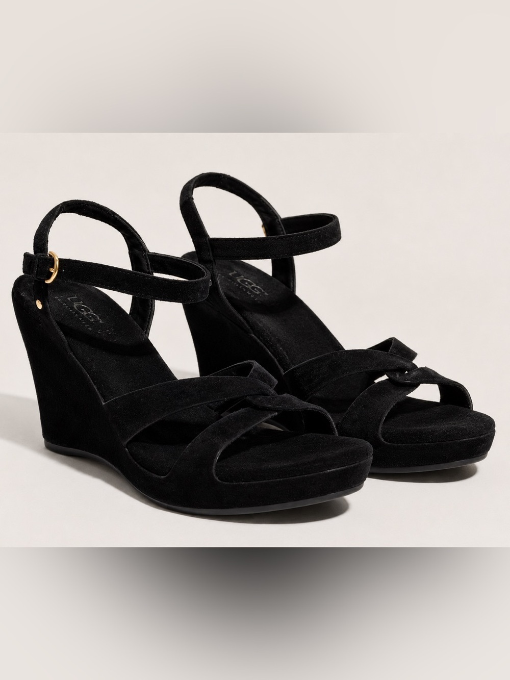 UGG Australia Women’s Size 8.5 Black Suede Ankle Strap Wedge Sandals